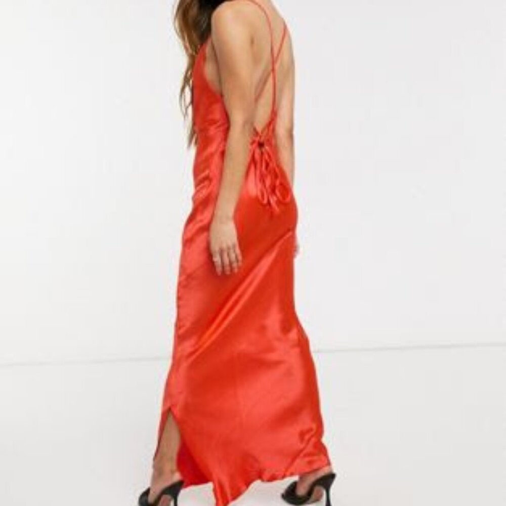 ASOS DESIGN cami maxi slip dress in high shine satin with lace up back hot red